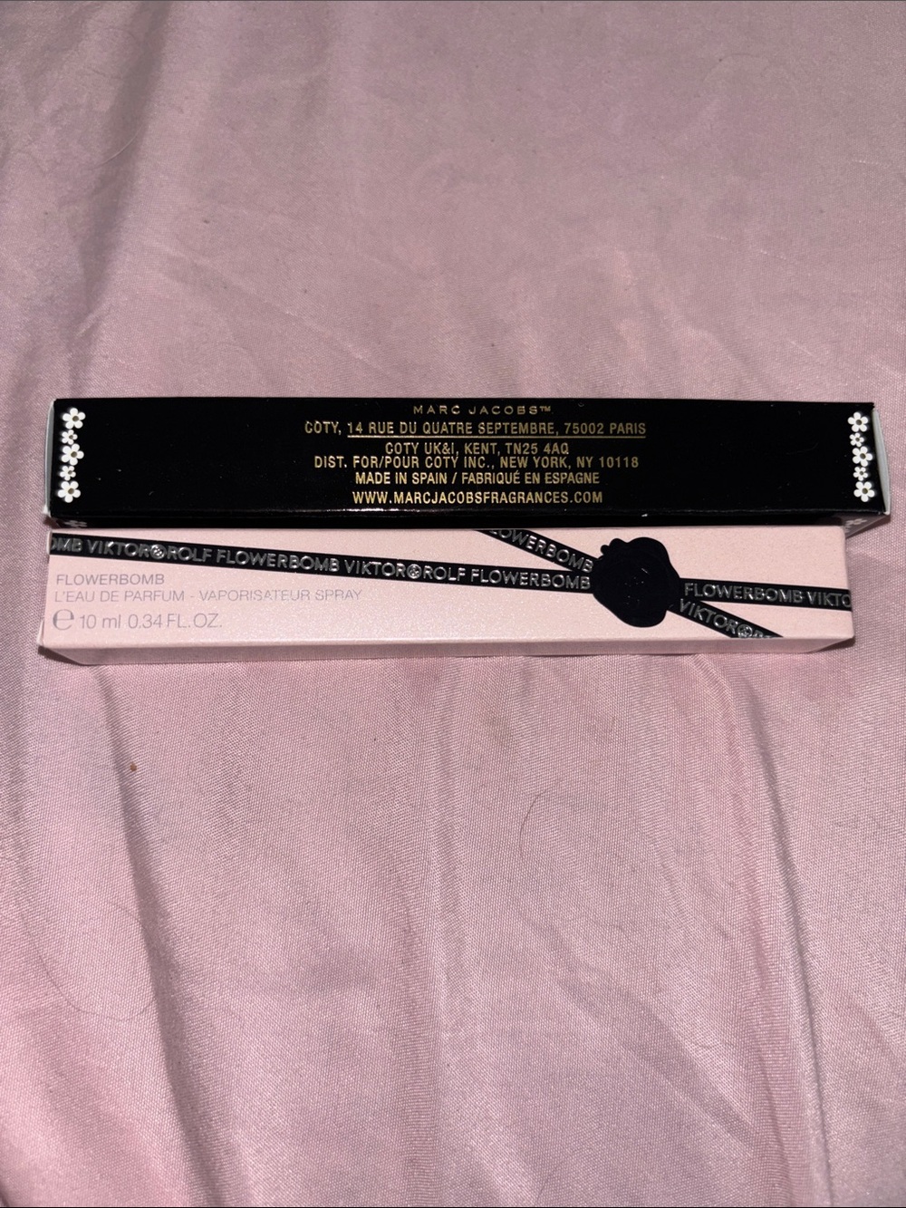 Viktor & Rolf Flowerbomb boxed perfume in black and light pink packaging